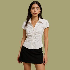 Shein White Ruched Button-Down Short Sleeve Blouse (Petite XXS)